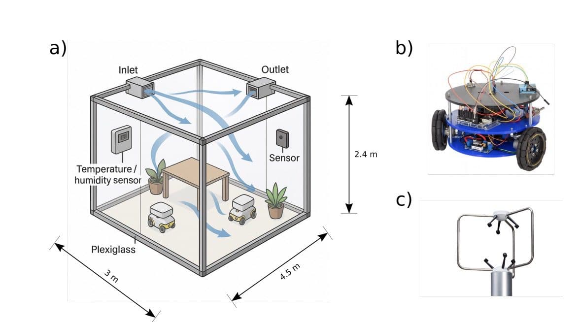 Diagram of the controlled test chamber with ventilation inlet and outlet, the robot, and a wall sensor